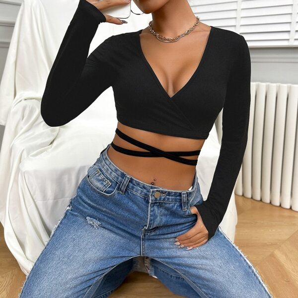 

Lace Up Back Wrap Crop Top, Black
