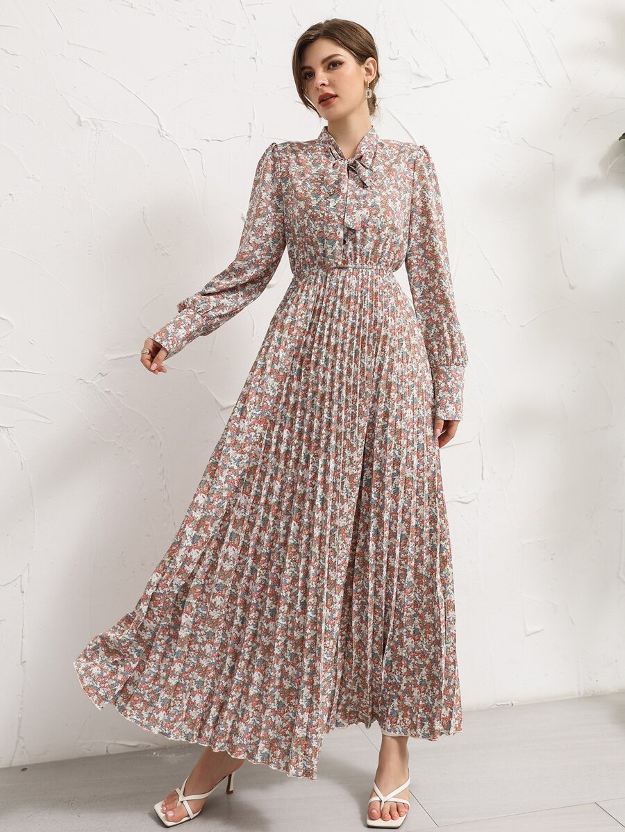 Mulvari Floral Tie Neck Pleated Shirt Dress - Multicolor - View 1