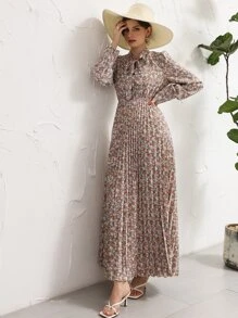 Mulvari Floral Tie Neck Pleated Shirt Dress - Multicolor - View 3
