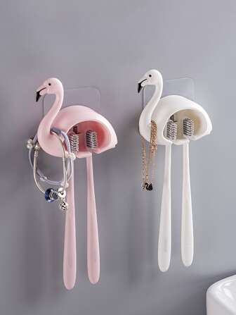 1pc Flamingo Shaped Random Toothbrush Holder, Cartoon Plastic Animal Design Wall Mounted Toothbrush Holder For Bathroom Home Bathroom Decor Fall Decor