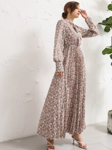 Mulvari Floral Tie Neck Pleated Shirt Dress - Multicolor - View 6