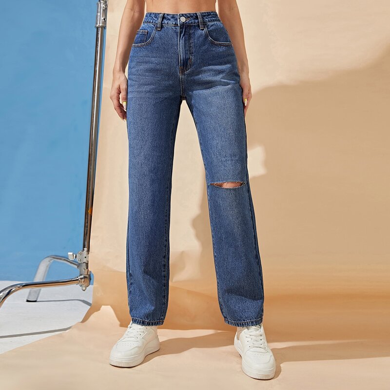 

High Waist Straight Leg Ripped Jeans, Medium wash