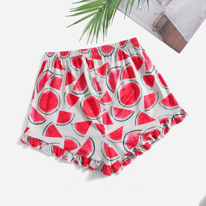 

Watermelon Print Frill Trim Sleep Shorts, Multicolor