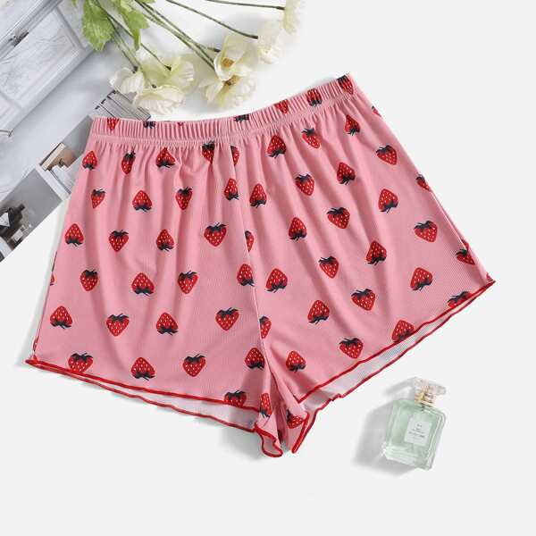 

Strawberry Print Binding Sleep Shorts, Pink