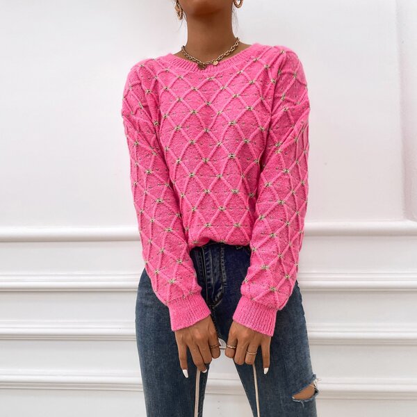 

Argyle Knit Drop Shoulder Sweater, Hot pink