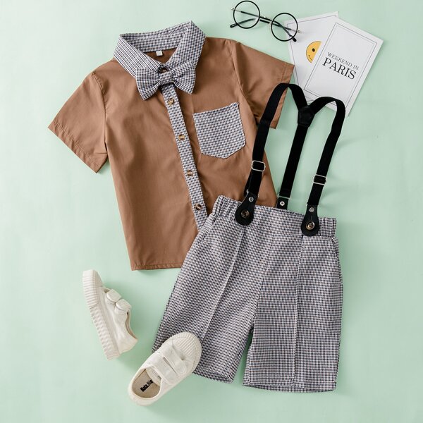 

Toddler Boys Houndstooth Bow Neck Shirt & Pinafore Shorts, Multicolor