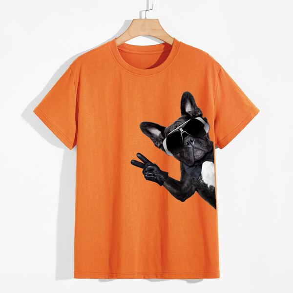 

Men Dog Print Short Sleeve Tee, Orange