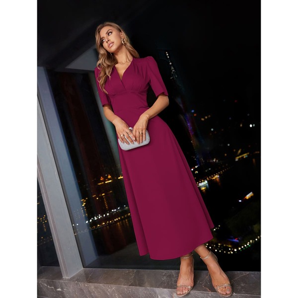 

V-neck Puff Sleeve A-line Dress, Red violet