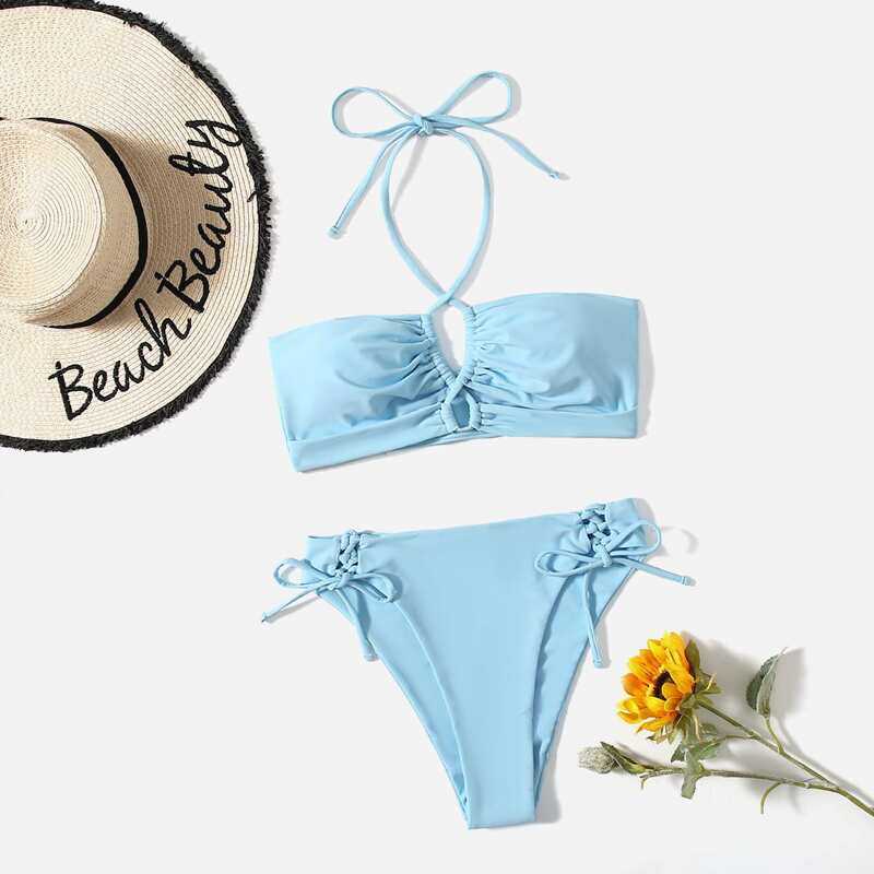 

Halter Tie Side Bikini Swimsuit, Baby blue