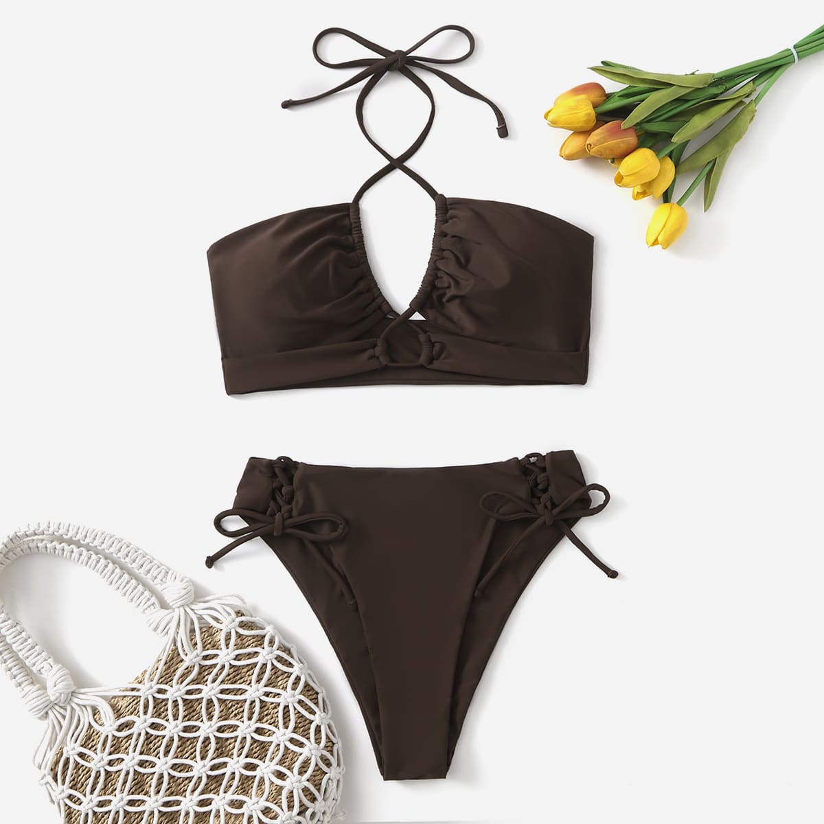 

Cross Halter High Waisted Bikini Swimsuit, Coffee brown