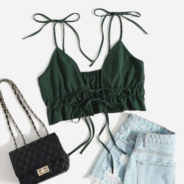 

Solid Knot Shoulder Crop Cami Top, Dark green
