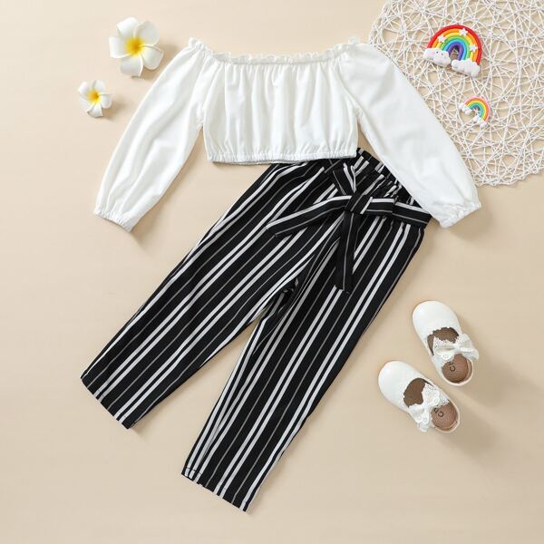 

Toddler Girls Ruffle Trim Crop Top & Striped Belted Pants, Black and white