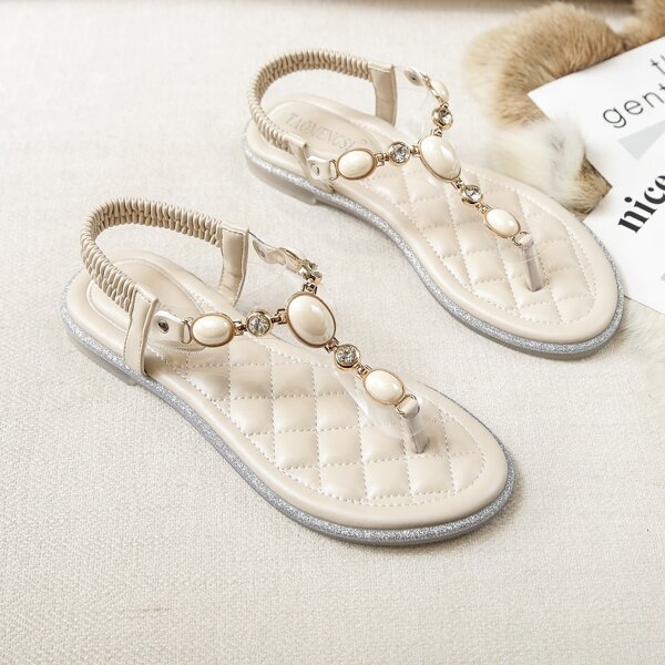 

Metal Decor Slingback Thong Sandals, Beige