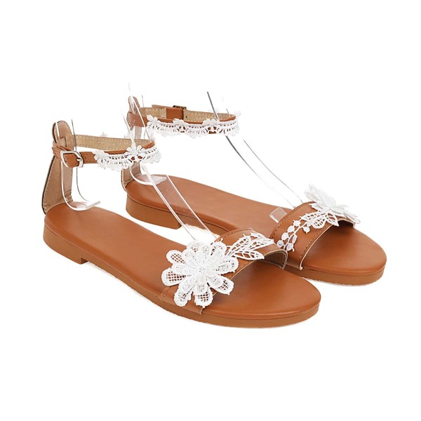 

Flower Applique Ankle Strap Sandals, Brown