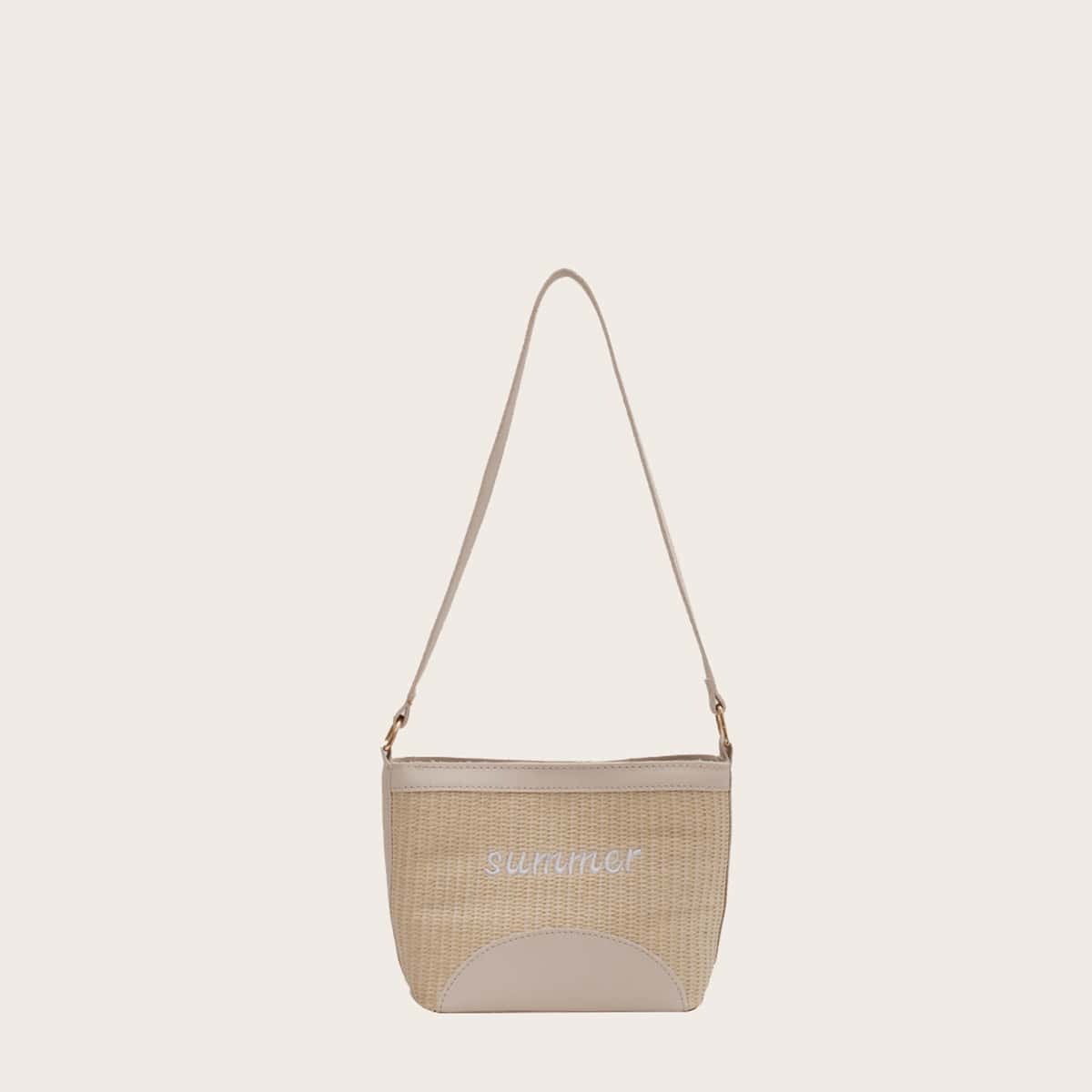 

Letter Embroidery Shoulder Bag, Beige
