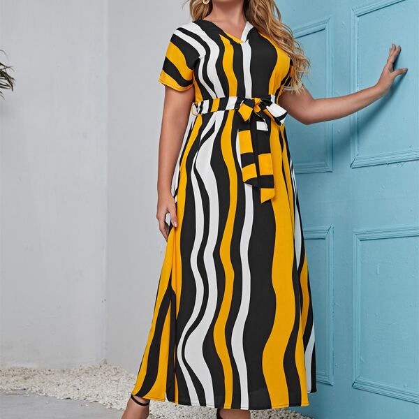 

Plus Striped Print V-Neck Belted Dress, Multicolor