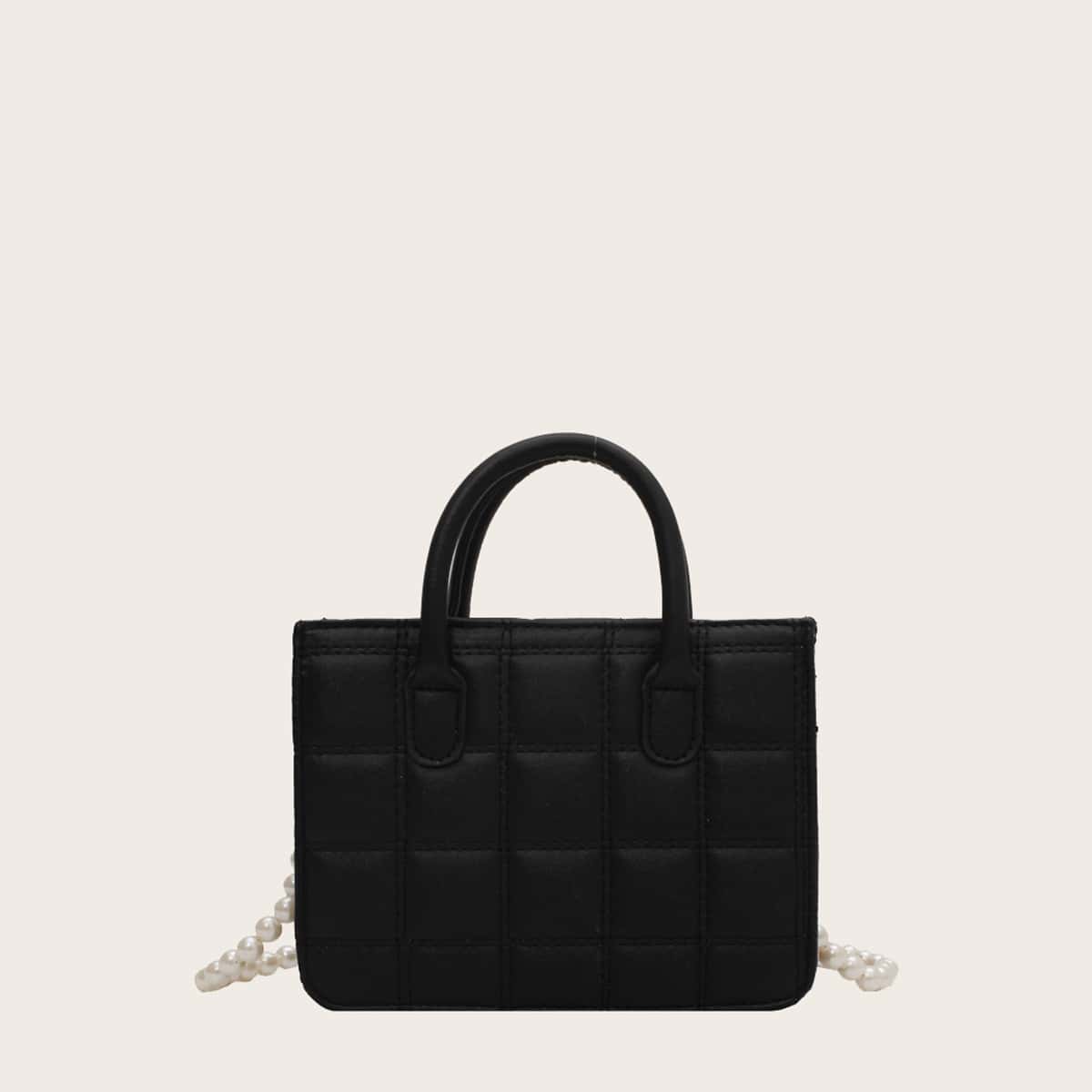 

Quilted Faux Pearl Strap Satchel Bag, Black