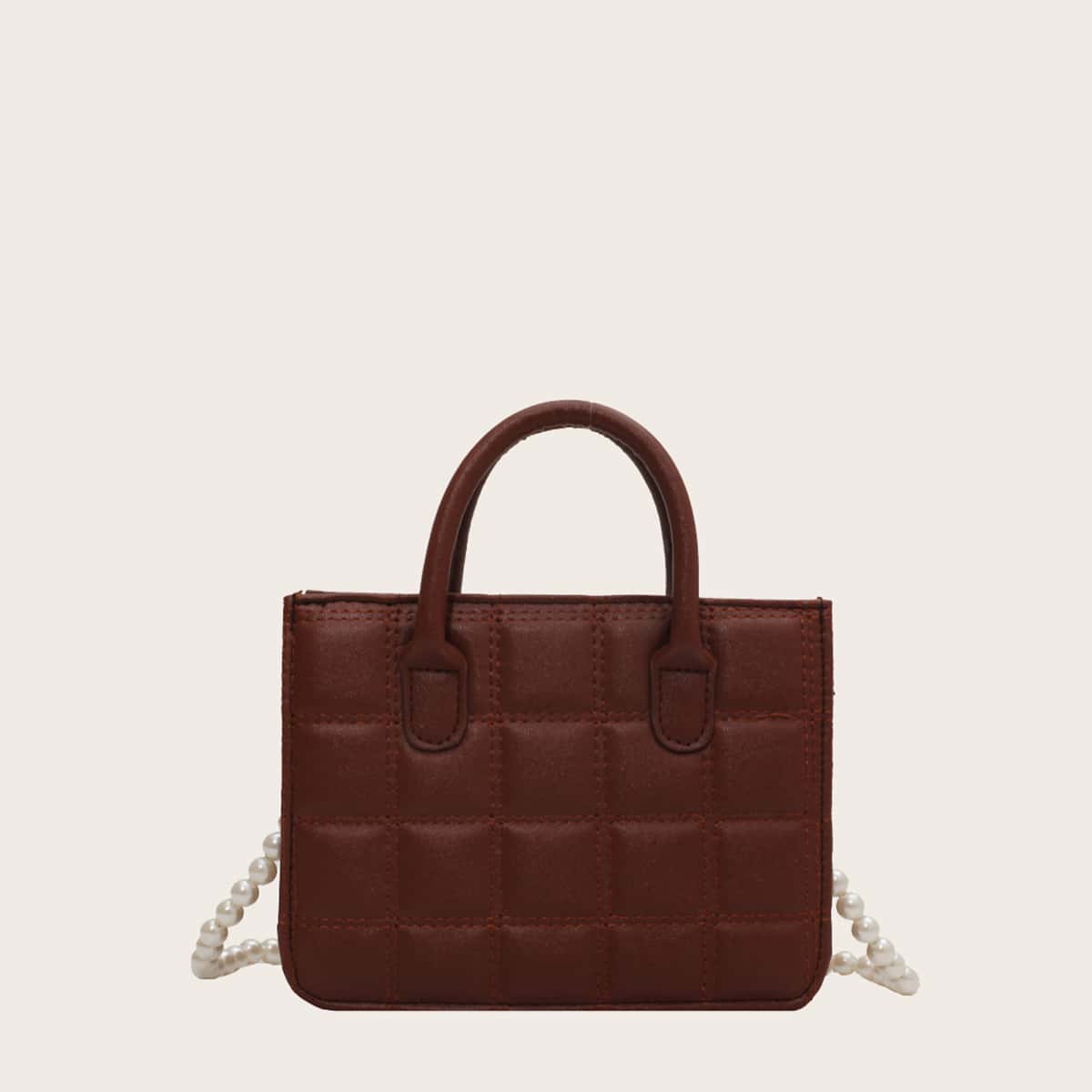 

Faux Pearl Beaded Quilted Satchel Bag, Coffee brown
