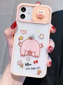 Cartoon Pig Decor Slide Camera Cover Phone Case - Pink - View 1