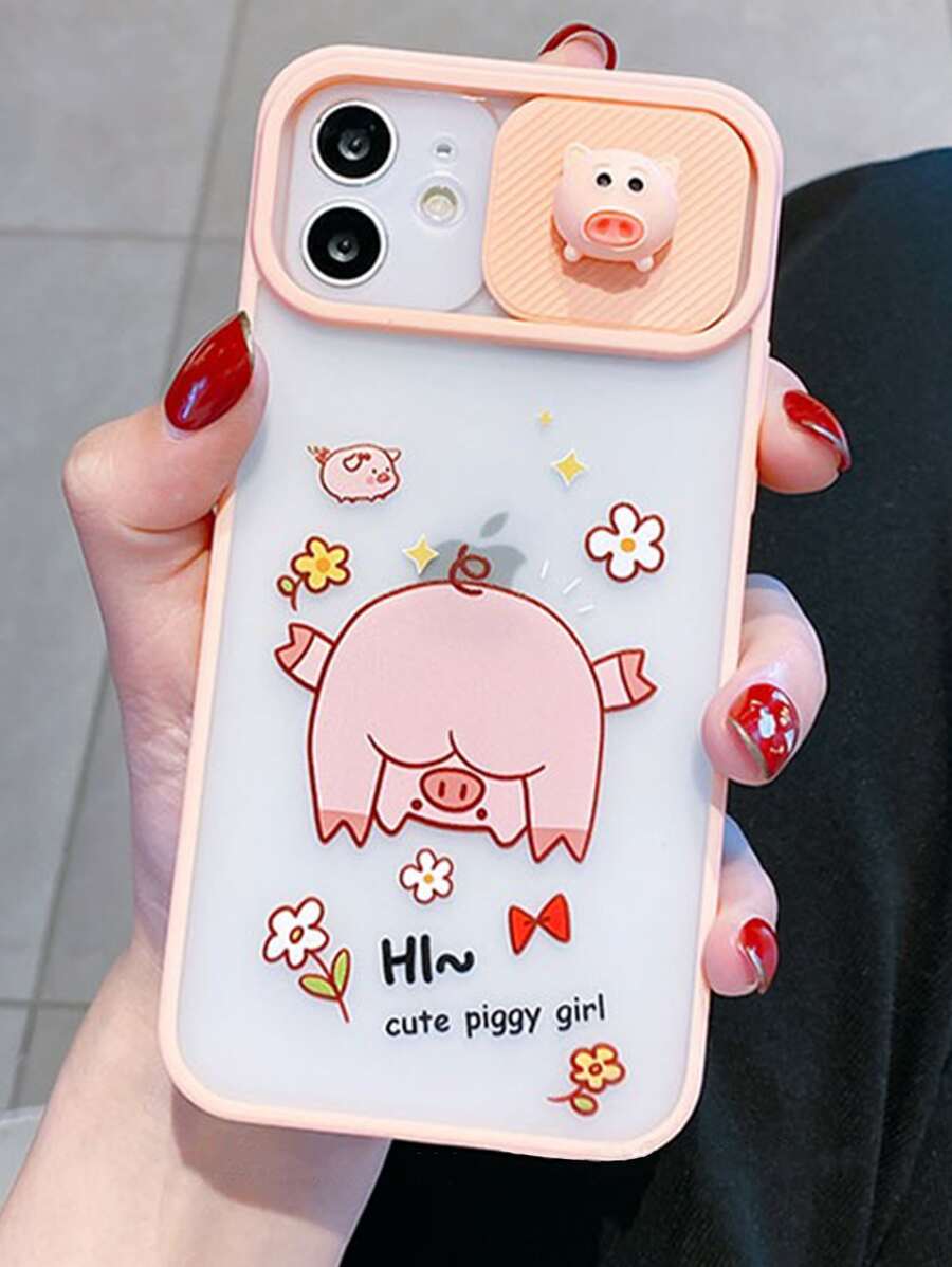 Cartoon Pig Decor Slide Camera Cover Phone Case - Pink - View 1