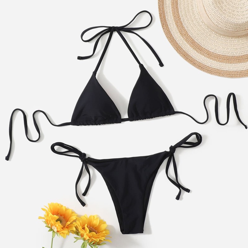 

Solid Triangle Tie Side Bikini Swimsuit, Black