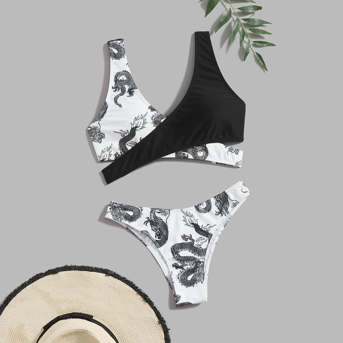 

Two Tone Chinese Dragon Print Bikini Swimsuit, Multicolor