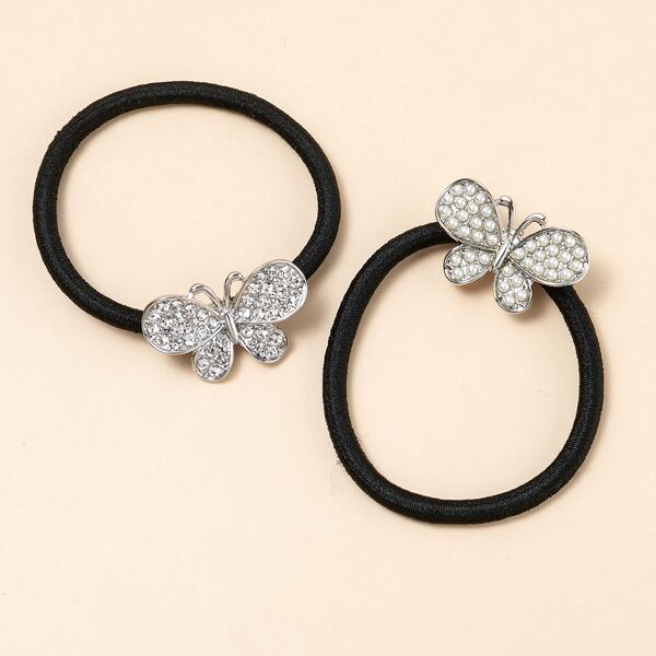 

2pcs Faux Pearl & Rhinestone Butterfly Decor Hair Tie, Silver