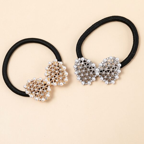 

2pcs Faux Pearl Bow Decor Hair Tie, Multicolor