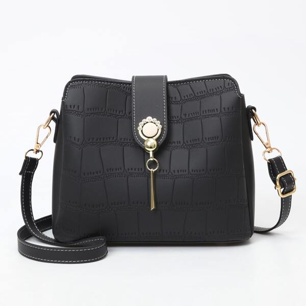 

Metal Decor Croc Embossed Bucket Bag, Black
