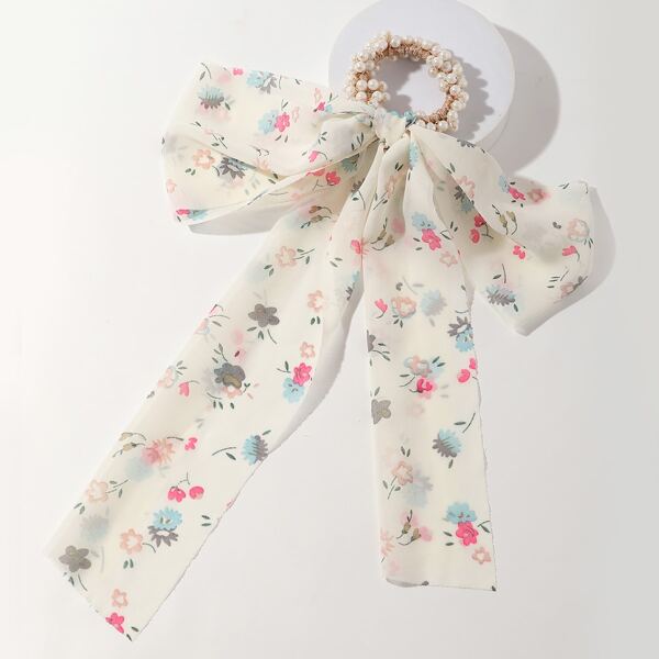 

Flower Print Scarf Hair Tie, White