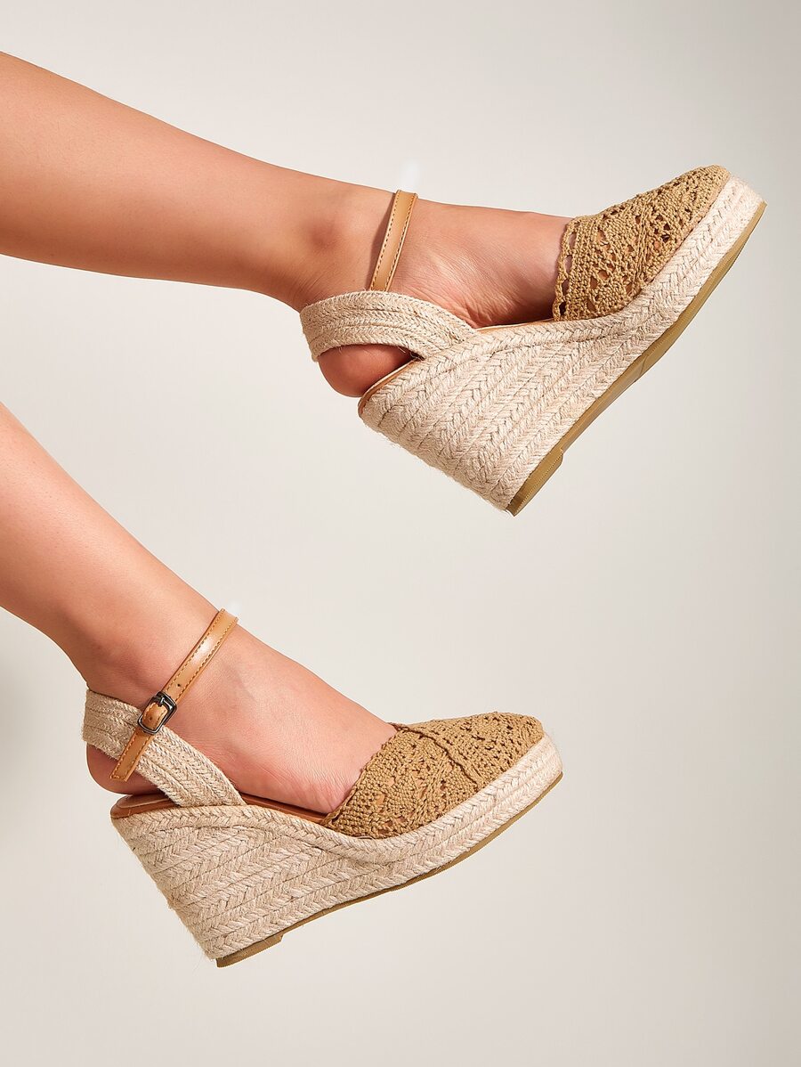 Crochet Lace Espadrille Wedges - Brown - View 1