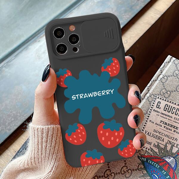 

Strawberry Print Camera Protection Phone Case, Black