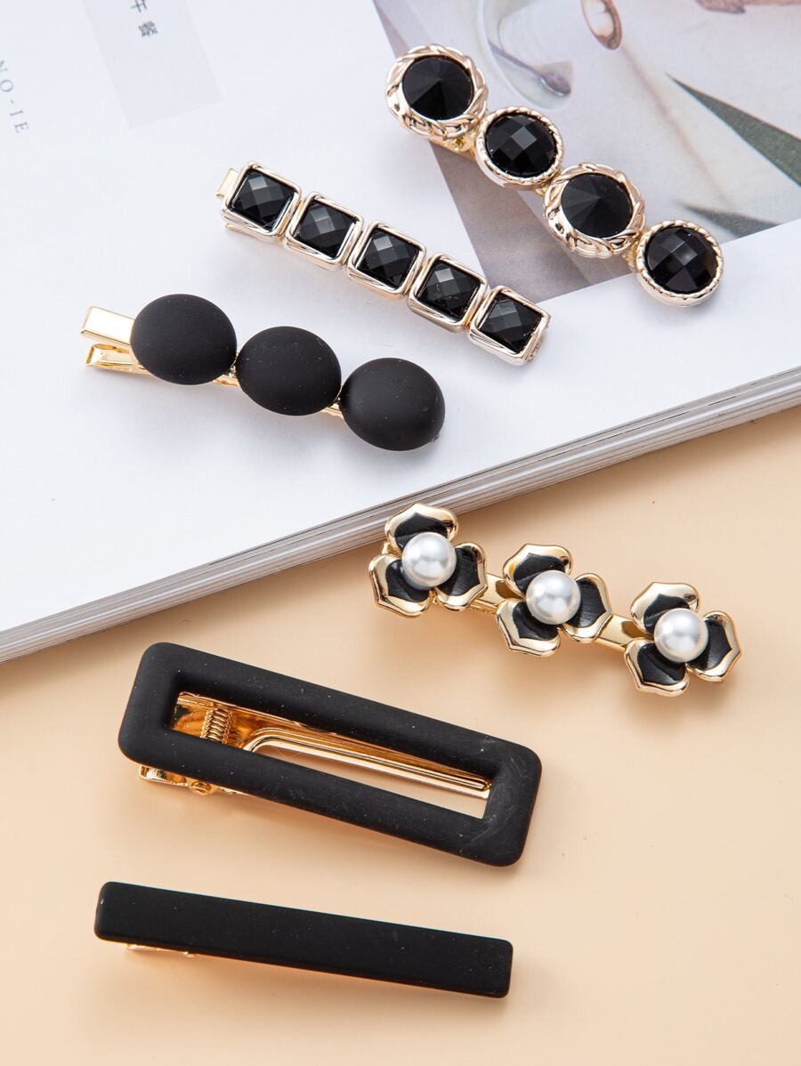 6 件仿珍珠花装饰发夹优雅、发饰、发夹发夹爪夹发夹、学校用品 - 黑與白 - 查看 1