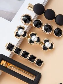 6 件仿珍珠花装饰发夹优雅、发饰、发夹发夹爪夹发夹、学校用品 - 黑與白 - 查看 3