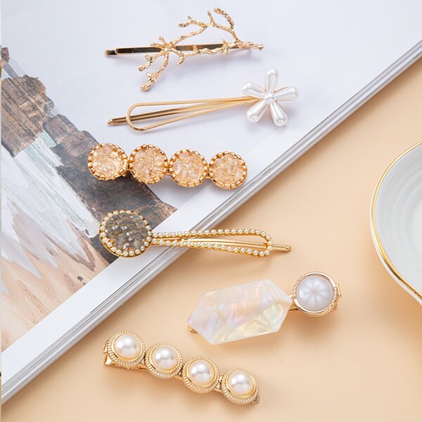 

6pcs Faux Pearl Hair Clip, Gold