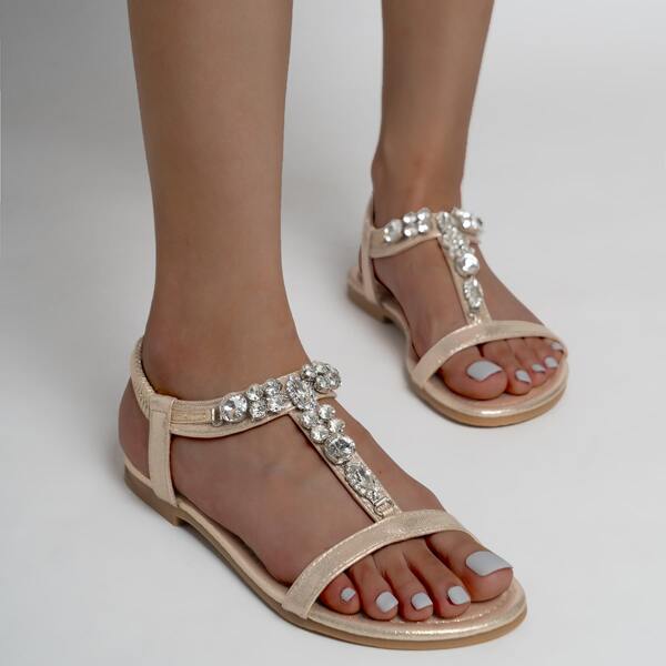 

Gemstone Decor Ankle Strappy Sandals, Champagne
