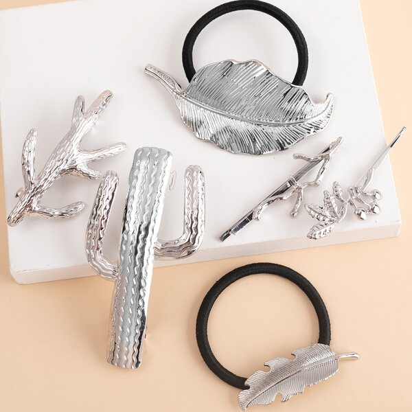 

2pcs Leaf Decor Hair Tie & 4pcs Hair Clip, Silver