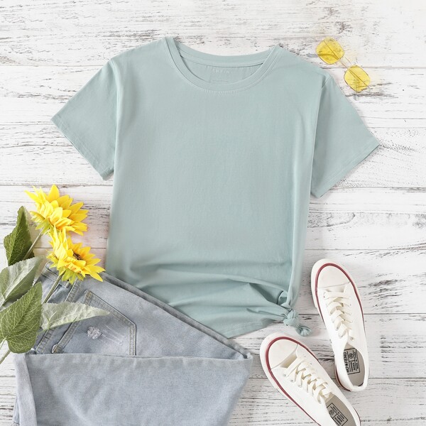 

Solid Round Neck Short Sleeve Tee, Mint green