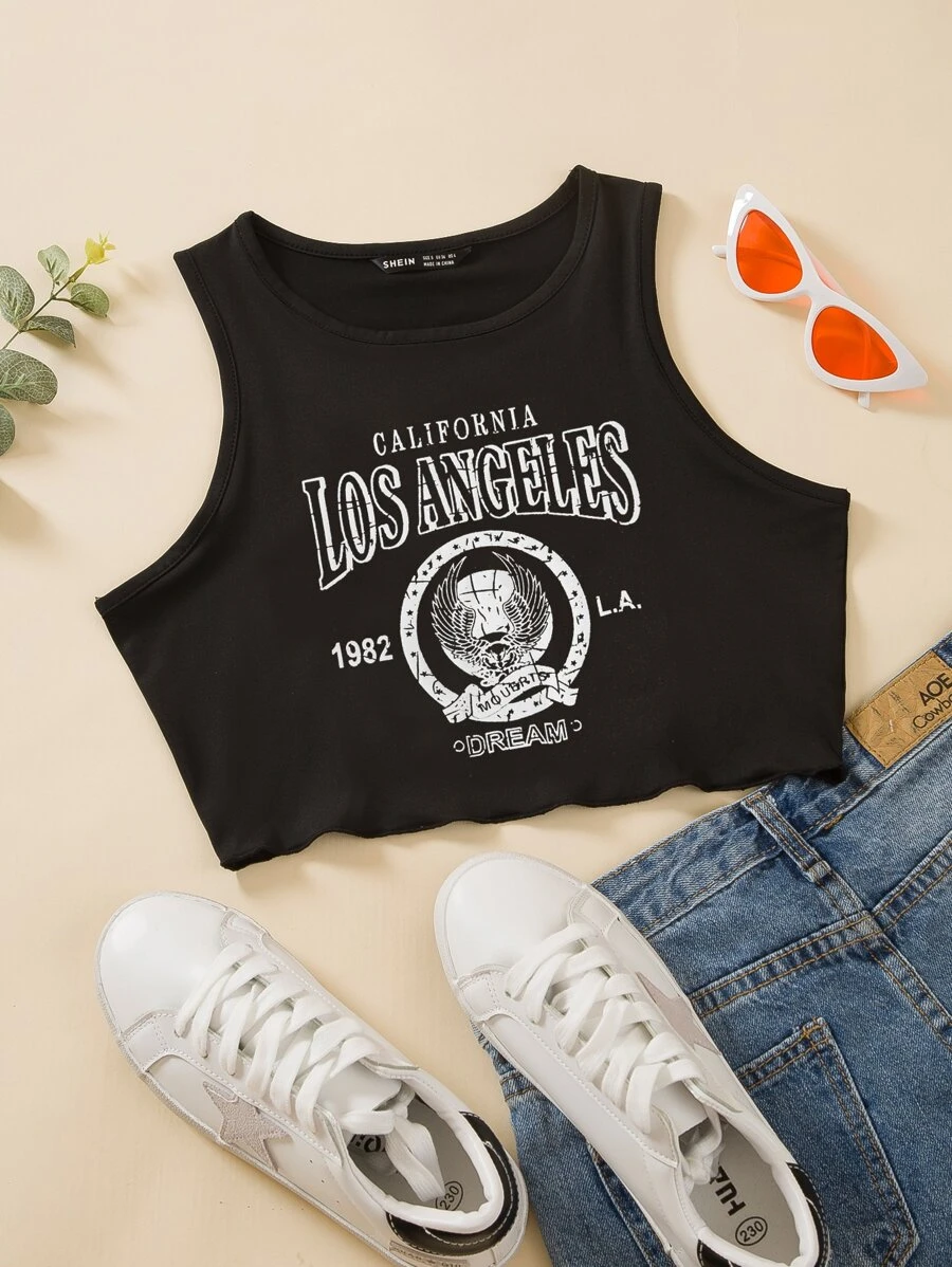 SHEIN Unity Áo hai dây Đồ họa Lá thư Giải trí - màu đen - Xem 1