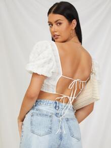 SHEIN VCAY Tie Backless Puff Sleeve Crop Top - Beige - View 2