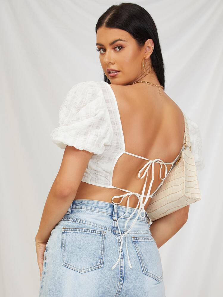 SHEIN VCAY 後背繫帶泡泡袖短款上衣 - 米色 - 查看 2