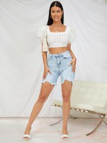 SHEIN VCAY Tie Backless Puff Sleeve Crop Top - Beige - View 3