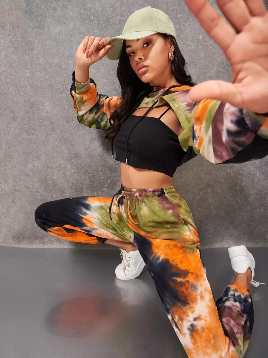 SHEIN 紮染腰部抽繩束腳褲 - 彩色 - 查看 1