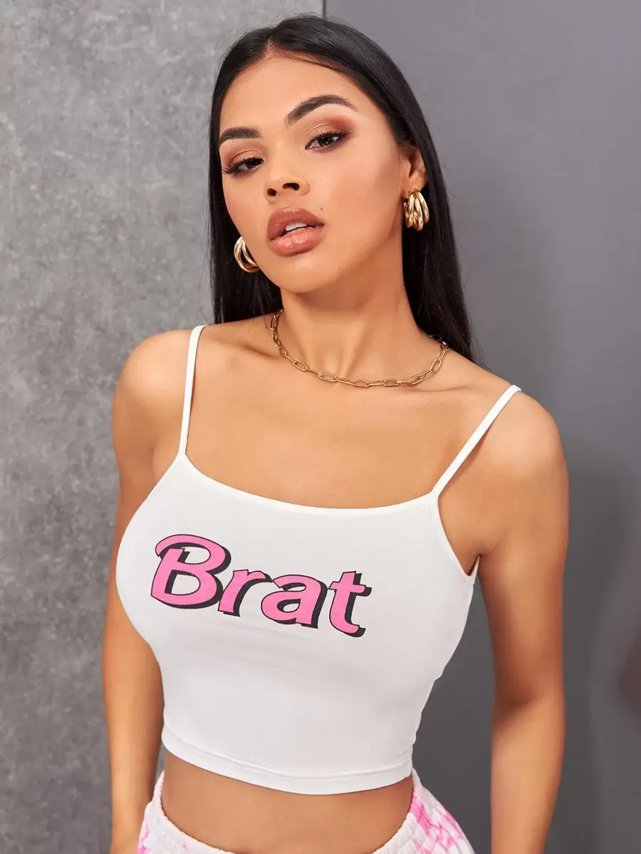 SHEIN EZwear Áo hai dây Gân đan Lá thư Gợi cảm - Màu be - Xem 1