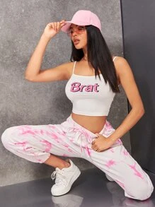 SHEIN EZwear Áo hai dây Gân đan Lá thư Gợi cảm - Màu be - Xem 3