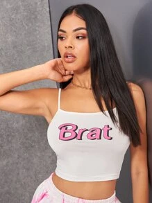 SHEIN EZwear Áo hai dây Gân đan Lá thư Gợi cảm - Màu be - Xem 4