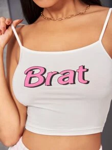 SHEIN EZwear Áo hai dây Gân đan Lá thư Gợi cảm - Màu be - Xem 5