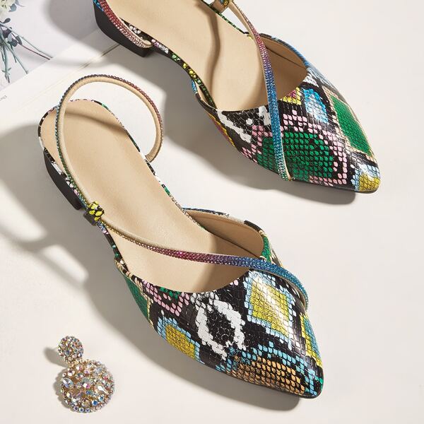 

Snakeskin Print Rhinestone Decor Point Toe Flats, Multicolor