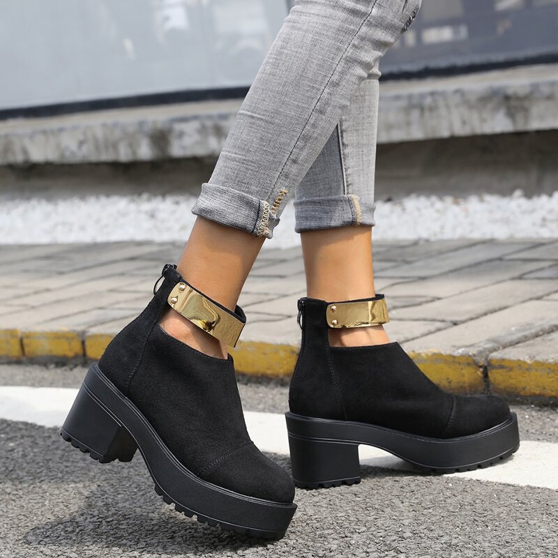 

Metal Decor Chunky Heeled Boots, Black