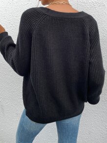 SHEIN Frenchy Cárdigan de manga raglán con botón - Negro - Ver 2